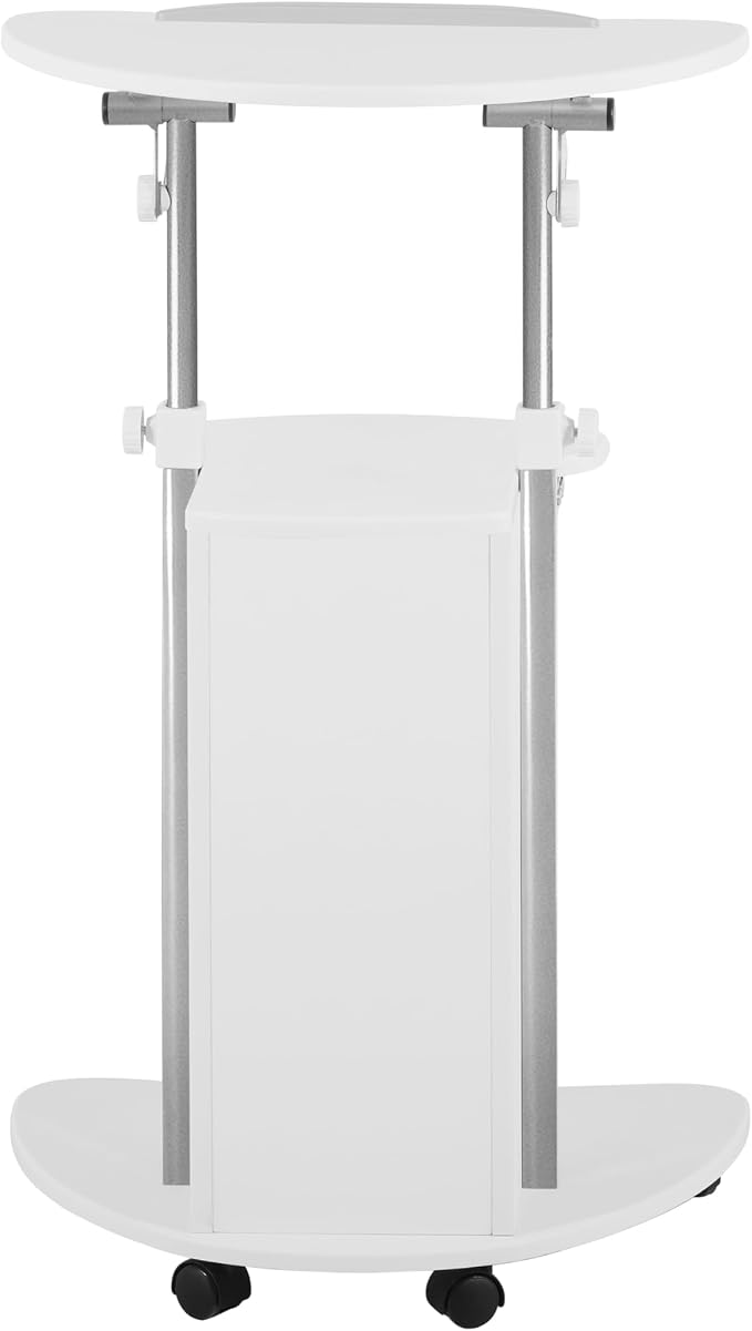 Techni Mobili Adjustable Height Rolling Laptop Cart with Storage, White | Adjustable Height Rolling Laptop Cart with Tilting Top, Storage Shelf, Locking Wheels, Sit to Stand Desk, Mobile Podium,White