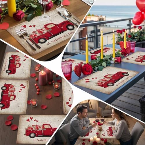 Valentines Day Placemats Set of 6, Red Truckload of Love Rustic Farmhouse Cotton Line Fabric Heat Resistant Table Mats Non-Slip Washable Mats Decoration for Home Kitchen Dining Wedding Holiday Party