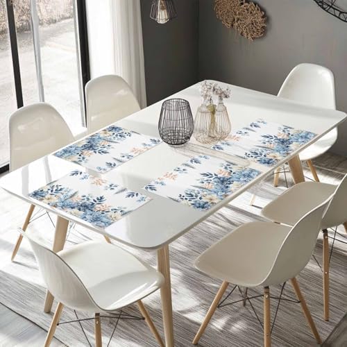 Blue Christmas Poinsettia Placemats Set of 6, Winter Eucalyptus Leaves Heat Resistant Washable Table Place Mats Cotton Table Linens Party Holiday Decor for Kitchen Dining Outdoor Indoor