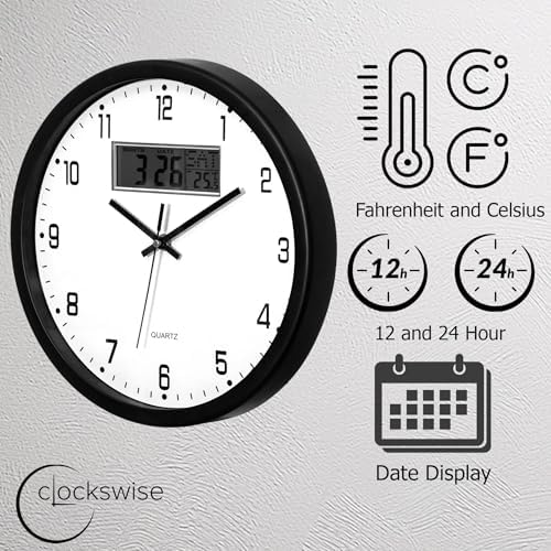 Clockswise 14-inch Wall Clock, Non-Ticking Analog & Digital with Temperature Display Battery Powered, Silent Operation, Switchable Time and Date - Perfect for Classroom Office Bedroom and Study, Black