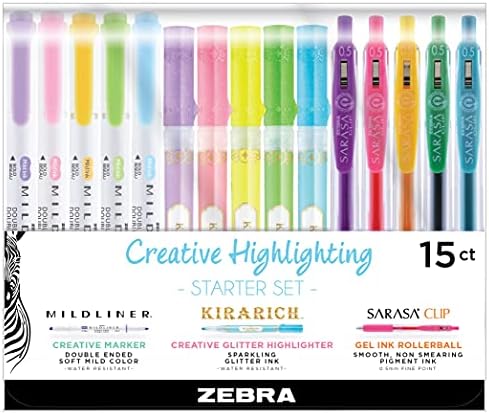 Zebra Pen Highligher Set, MILDLINER, KIRARICH & SARASA Clip, Assorted, 15Pk