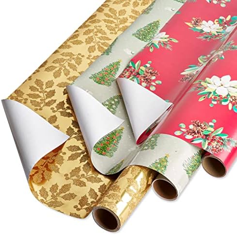 Papyrus Christmas Wrapping Paper Bundle, Gold Holly, Christmas Trees, White Floral (3 Rolls 70 sq. ft)