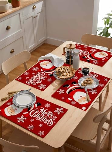 Red Merry Christmas Placemats Set of 6, Funny Hanging Santa Heat Resistant Washable Table Place Mats Snow Winter Holiday Cotton Table Linens Party Holiday Decor for Kitchen Dining Outdoor Indoor