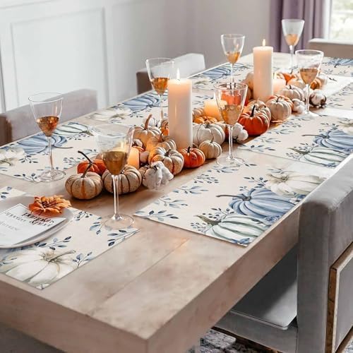 Fall Placemats Set of 4, White Pumpkin Place Mats Blue Pumpkin Eucalyptus Leaves Floral Tablemats Harvest Thanksgiving Placemat Table Decor for Kitchen Table Holiday Dinner Party Autumn Home Decor