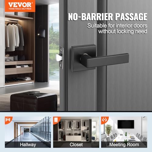 VEVOR Passage Door Handle, 6-Pack Matte Black Interior Door Lever, Left or Right Reversible Non-Locking Handle Lever, 45° Rotation to Open, Square Door Handles for Hallways, Closets, Meeting Spaces
