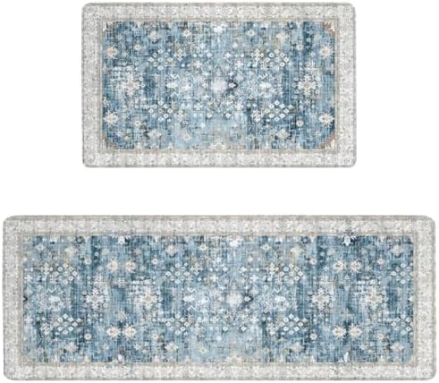 Boho Cushioned Anti Fatigue Mats for Kitchen Floor,Modern Farmhouse Blue Floral Non-Slip Water Resistant Runner Comfort Foam Standing Rugs Non Skid for Home Sink,Office,Laundry 17"x47"+17"x30"