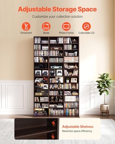VEVOR Media Storage Cabinet, 12-Tier DVD Shelf Organizer, 40.08 x 9.09 x 71.26 in Multimedia Storage Organizer for CDs, DVDs, Books and Games, CD Shelf for Living Room, Home Office, Recording Room