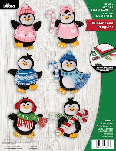 Bucilla Felt Applique 6 Piece Ornament Making Kit, Winter Land Penguins, Perfect for DIY Arts and Crafts, 89668E