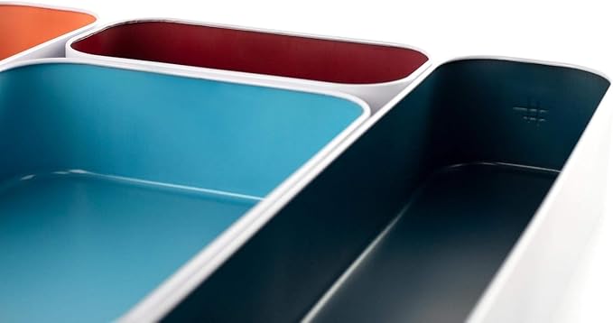 Three by Three Seattle Metal Drawer Organizer Tray Set, 5-Pc, 2" (Blue) | Deep 2" food-safe metal bins; soft non-scratch base; perfect for kitchen utensils, tools & bulkier drawer items