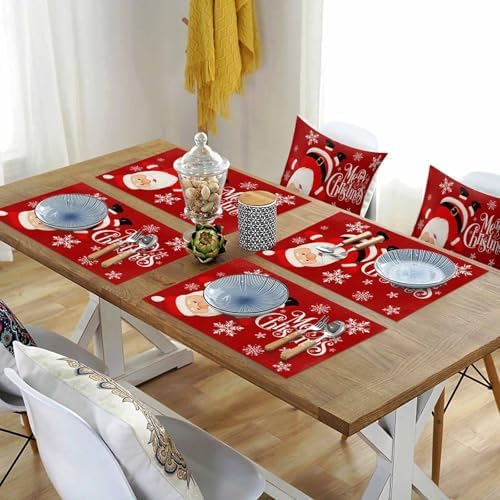 Red Merry Christmas Placemat 1PC, Funny Hanging Santa Heat Resistant Washable Table Place Mats Snow Winter Holiday Cotton Table Linens Party Holiday Decor for Kitchen Dining Outdoor Indoor