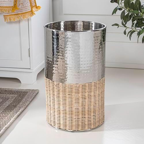 happimess Asher 4.13 Gal Wicker Cylinder Waste Basket, Chrome/Natural