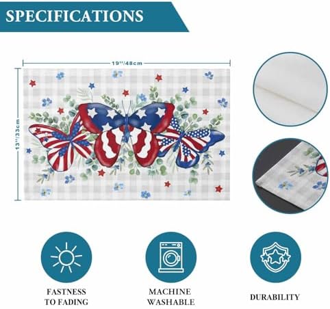 4th of July Placemats Set of 4, Patriotic Star Butterfly Heat Resistant Washable Dining Table Mats Summer Farmhouse Decor for Kitchen&Table Linens Outdoor Indoor, Eucalyptus Leaves Grey Buffalo Plaid