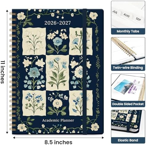 Planner 2026-2027, Jul 2026-Jun 2027 Academic Monthly & Weekly Planner | 8.5" x 11" Hardcover Pretty Calendar Planner for Women, Spiral Organizer for School Office Home Supplies, Blue Patchwork