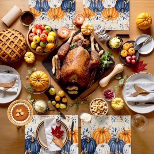 Fall Thanksgiving Placemats Set of 6, Orange Navy Blue Pumpkin Heat Resistant Washable Dining Table Mats Fall Holiday Farmhouse Decor for Kitchen&Linens Outdoor Indoor, Harvest Autumn Leaves
