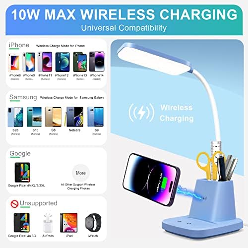 LED Desk Lamp with 10W Wireless Charging & Pen Holder, Blue