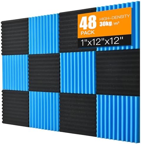 Sound Proof Foam Panels for Wall 48 Pack Acoustic Panels Sound Absorbing 1" X 12" X 12" Fire-Proofed Soundproofing Foam High Density Sound Dampening Panels for Room Studio Blue Black