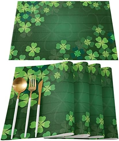 St. Patrick's Day Lucky Clovers Placemats Set of 6, Rustic Vintage Farm Wood Cotton Linen Heat Resistant Table Mats Washable Spring Holidays Decorations for Kitchen Dining Table Green Spring Holiday