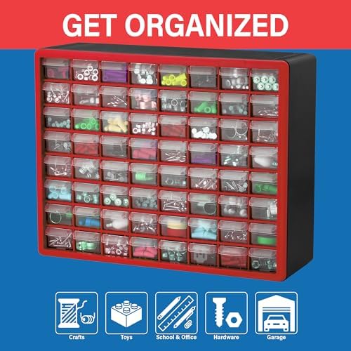 Akro-Mils 64-Drawer Plastic Storage Cabinet, 20" W x 6" D x 16" H, Red