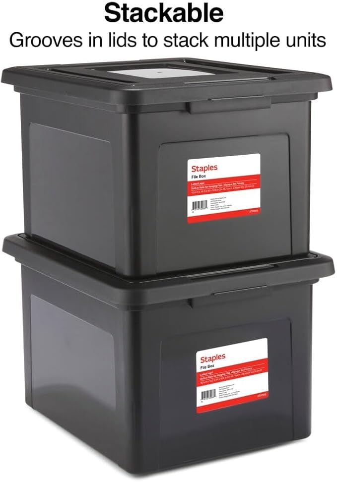 Staples Plastic File Box with Snap Lid, Letter/Legal Size, Black, 4/Carton | Stackable storage box keeps hanging files organized and protected.