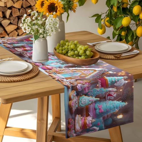 Christmas Table Runner Dresser Scarf 13 x 108 Inch Gingerbread House Gingerbread Man Cake Candy Table Runners Non-Slip Heat Resistant Kitchen Dining Table Decor for Home Holidays Indoor Outdoor
