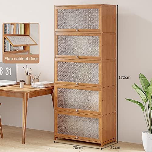 Bamboo Bookcase with flip-up Acrylic Doors, 1-5 Tier Free Standing Book Shelf Storage Organizer for Living Room Office Bedroom (Wood 70 * 32 * 172cm)