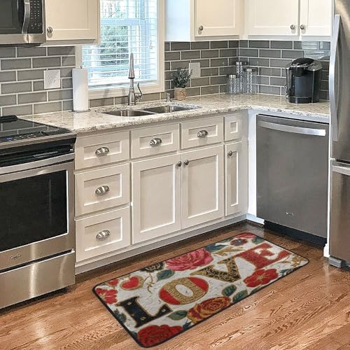 Aslsiy Plaid Hearts Golden Glitter Rose (1) Kitchen Rug Kitchen Mats Valentines Floor Comfort Welcome Washable Non Slip Area Rug for Home Decor 39" X 20"