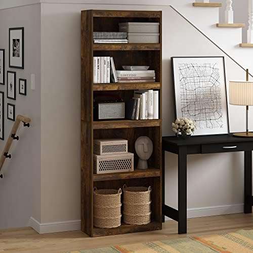 Furinno JAYA Book Shelf, 5-Tier Bookshelf, Enhanced Home Bookcase with Adjustable shelf, 9.5 x 24.5 x 71.1, for Organization and Storage, for Living Room, Bedroom, Home Office, Amber Pine