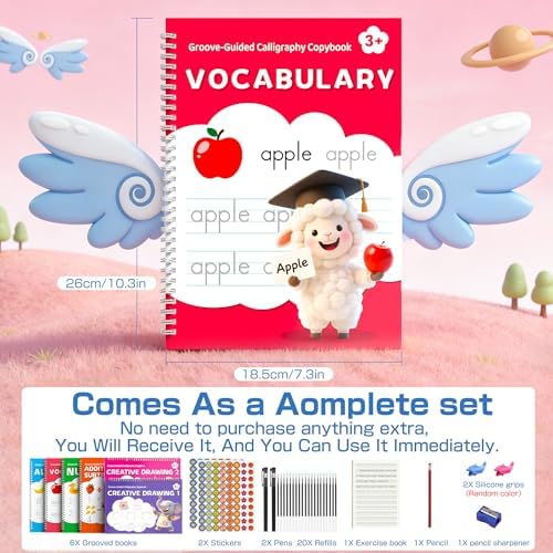 WANFRES Reusable Grooved Handwriting Practice Book for Kids Ages 3-6,Preschool Writing Workbook with Letter Tracing,Number Practice,Drawing Activities and Guided Writing Pages,Early Learning Activity.
