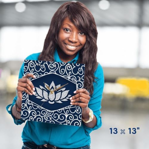 3dRose Wall Clock Silent - 13 inch - Navy Blue and White Water Lily with White Swirls Chinese Styling - Asian Collection