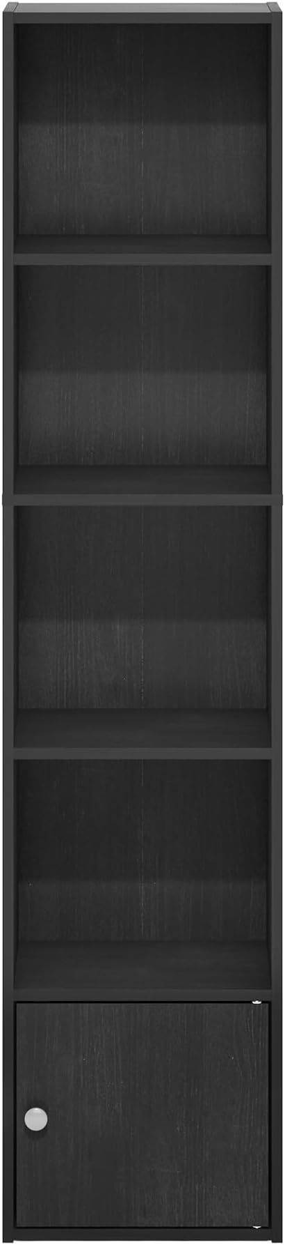 Furinno LUDER Book Shelf, 5-Tier Modern Bookshelf, Bookcase with 1 Door Storage Cabinet, 9.3 x 12 x 52, for Organization and Storage, for Living Room, Bedroom, Home Office, Blackwood