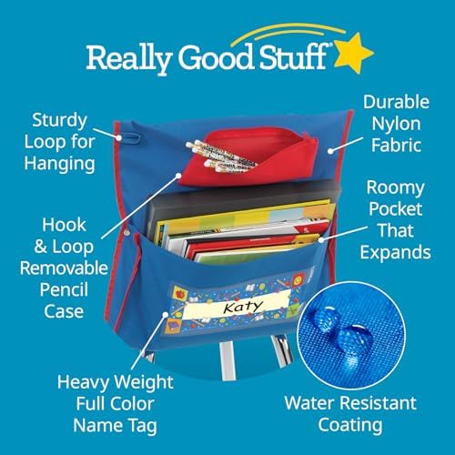 Really Good Stuff Deluxe Chair Pockets with Pencil Case, 6-Pack, Blue