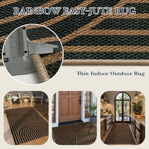 Lahome Modern Rainbow Easy Jute Front Porch Rug, 3x5 Washable Rug for Entry