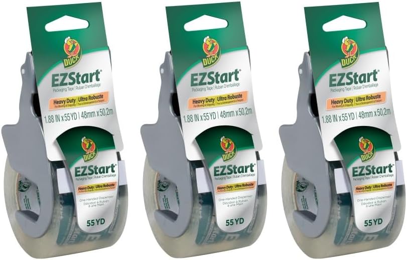 Duck EZ Start Packaging Tape, Clear Packing Tape for Mailing, Moving, Shipping & Storage, 3 Rolls with Dispensers, 1.88 in. x 55 Yd. Each (1259457)