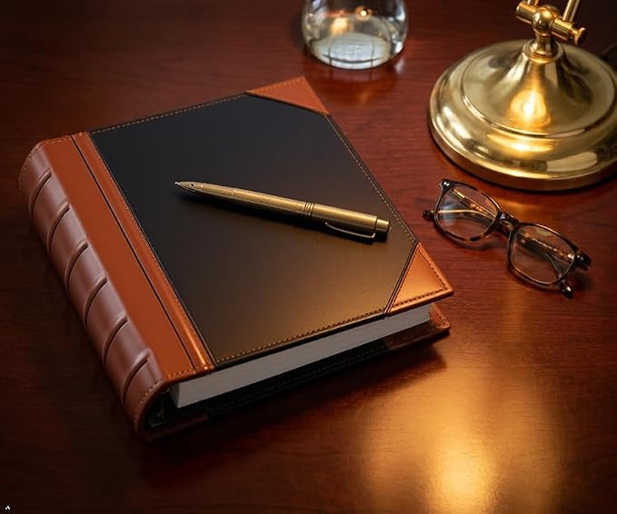 Executive Binder, English Leather 2 Tone with Stitching and Ribbed Spine, Heavy Duty 1.1/2 Inch 3 D-ring with Buster, Holds 350 8.5x 11 Sheets (Black)