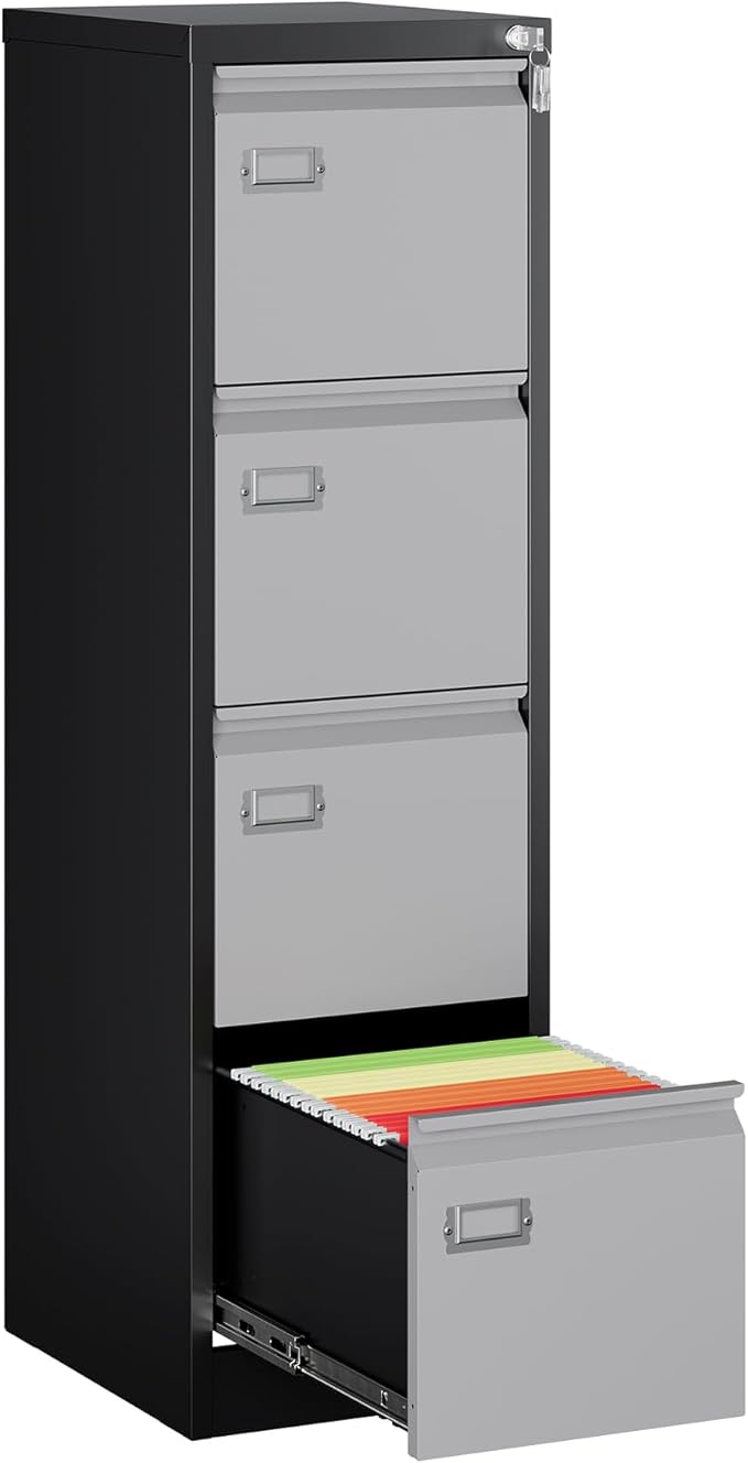 MIIIKO 4 Drawer File Cabinet, Metal Vertical Filing Cabinets with Lock, Home Office File Folders Storage Cabinet for Letter Legal A4 File Size