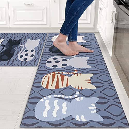 Cat Kitchen Rugs and Mats for Floor 2 Piece Sets, Cat Floor Mat for Kitchen, Farmhouse Waterproof Cats Kitchen Mat in Front of Sink for Standing for Country Kitchen Decor 17"X30"+17"X47"