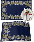 Gold White Snowflakes Christmas Placemat 1PC, Winter Xmas Holiday Heat Resistant Washable Table Place Mats Navy Blue Cotton Table Linens Party Holiday Decor for Kitchen Dining Outdoor Indoor