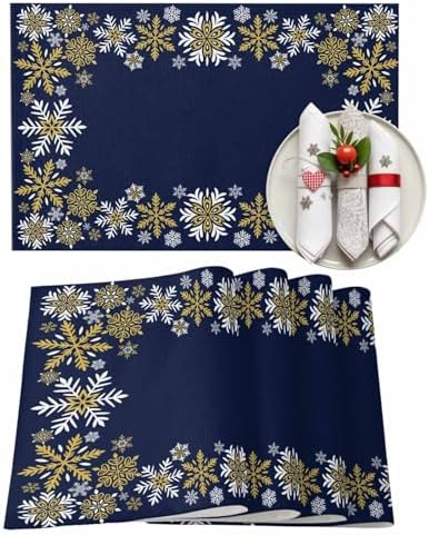 Gold White Snowflakes Christmas Placemat 1PC, Winter Xmas Holiday Heat Resistant Washable Table Place Mats Navy Blue Cotton Table Linens Party Holiday Decor for Kitchen Dining Outdoor Indoor