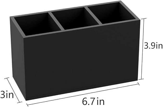 NIUBEE Black Pen Holder 3 Compartments, Acrylic Desk Pencil Organizer Cup | Scratch-resistant thick acrylic with 3 slots for pens, pencils, makeup brushes, office, vanity and school use