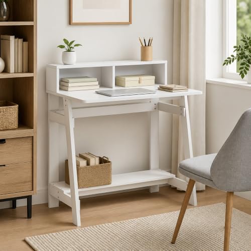 31.6 Wide Gaming Desk with Monitor Stand, A Frame Computer Desk with Shelf, Office Desk for Dorm, Home Office, Study Room, Bedroom, White