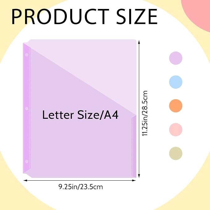 Maitys 50 Pack Binder Pockets 3 Ring, Letter Size 8.5x11,Pastel Colors | Clear Plastic Document Sleeves, Sheet Protectors with Slash Jacket, Fits Standard 3 Hole Binders, Organize Office Papers