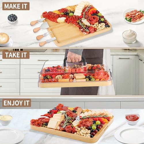 CAWIU Large Charcuterie Board with Lid, Portable Cheese Board & Snack Tray
