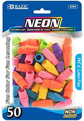 BAZIC Products Neon Pencil-Top Eraser Caps, Latex-Free, 50 Pack, 72-Case