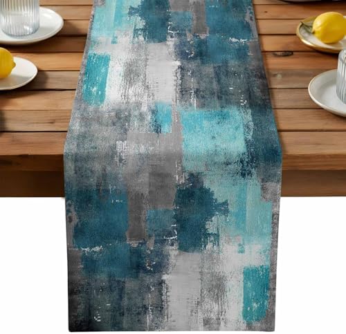 Teal Grey Abstract Art Table Runner Dresser Scarf 13 x 72 Inch Modern Turquoise Color Block Graffiti Table Runners Non-Slip Heat Resistant Kitchen Dining Table Decor for Home Holidays Indoor Outdoor