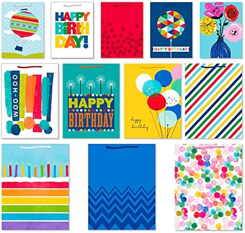 Hallmark Gift Bag Assortment, 12-Pack, 3 Sizes (Birthday, Stripes, Dots)