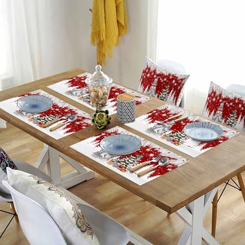 Christmas Gnome Placemats Set of 6, Winter Merry Christmas Tree Balls Heat Resistant Washable Table Place Mats Red Cotton Table Linens Party Holiday Decor for Kitchen Dining Outdoor Indoor