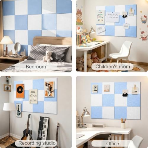 0.47" Thick Felt Pin Board 36"x24" Large Cork Board Alternative 6 Pack 11.81"x11.81"Felt Bulletin Board Wall Tiles Notice Board with 30 Pushpins for Home Office School(Light Blue&White)