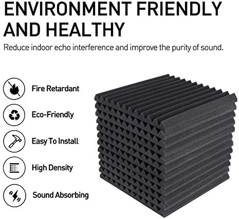 Focusound 24 Pack Black Grey Acoustic Foam Panels 1" x 12" x 12" Sound Proof Foam Panles Soundproofing Noise Cancelling Wedge Panels for Home Office Recoding Studio with 240PCS Double-Side Adhesive