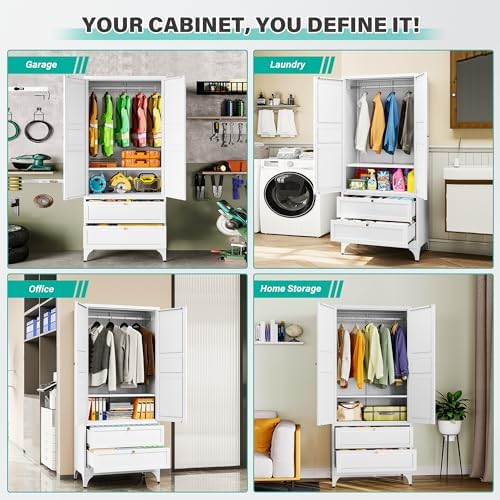 SISESOL Metal Wardrobe Cabinet with Drawer and Hanging Rod,Armoire Wardrobe Closet with Doors,White Metal Clothing Storage Cabinet with Adjustable Shelves,Armoire Storage Cabinets for Home,Bedroom