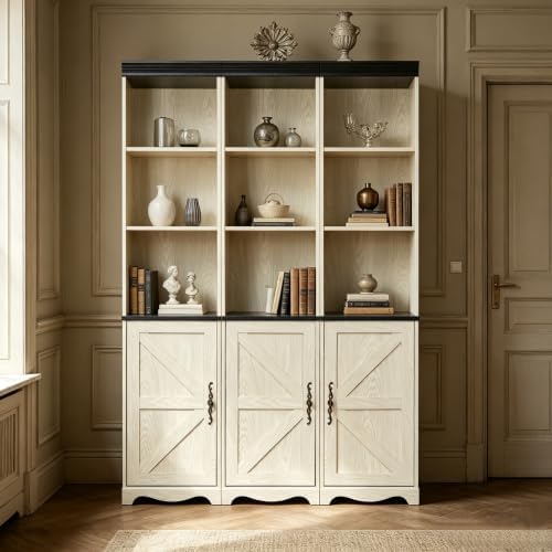 KEIKI Farmhouse Bookcase with Storage Cabinets, Modular Bookshelf, White